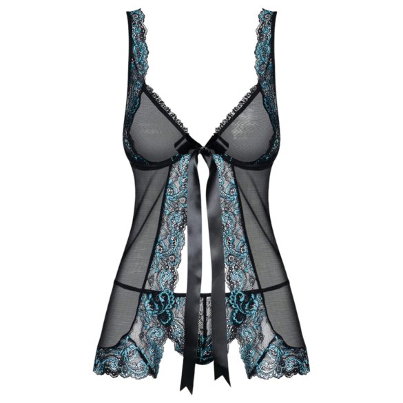 Obsessive Amanta - Embroidered Babydoll & Thong Set (Black-Turquoise) - L/XL