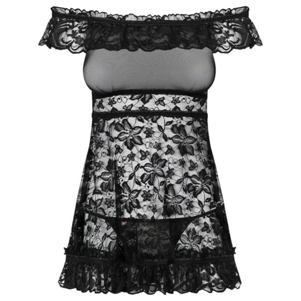 Obsessive Flores - Black Ruffled Babydoll & Thong Set