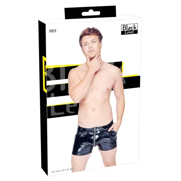 Black Level - Men's Vinyl Shorts with Side Pockets (Black)