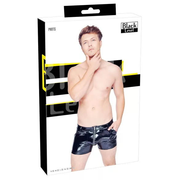 Black Level - Men's Vinyl Shorts with Side Pockets (Black) - L