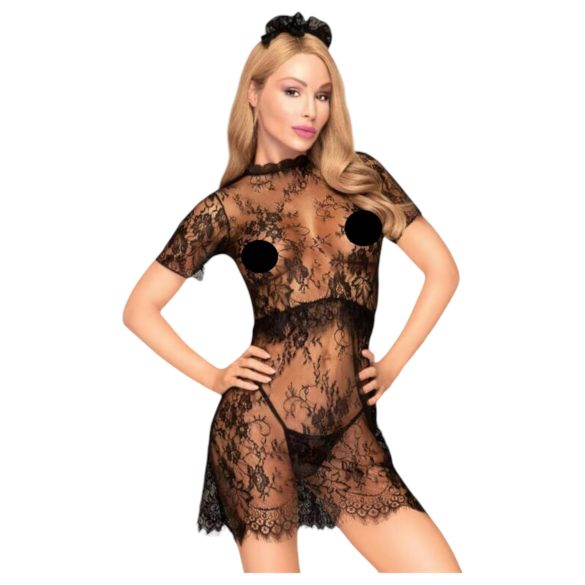 Penthouse Poison Cookie - Lace Dress, Thong & Hair Accessory Set (Black) - L/XL