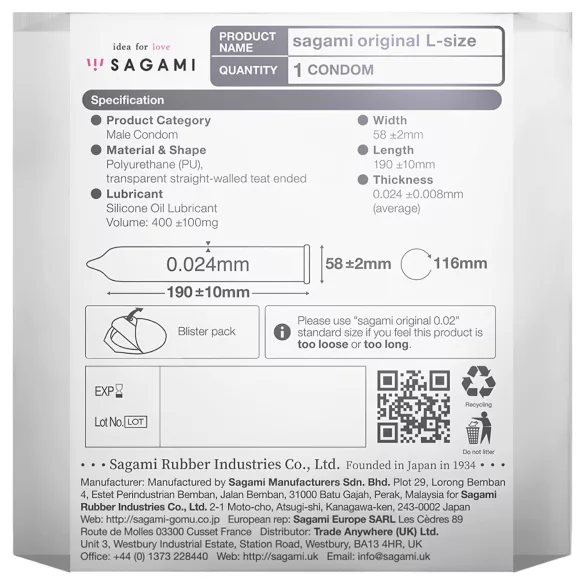 Sagami Original 0.02 L - Condom - 58mm (1pc)