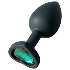   Sunfo - Silicone Heart Gem Anal Plug with Dark Green Stone (Black)