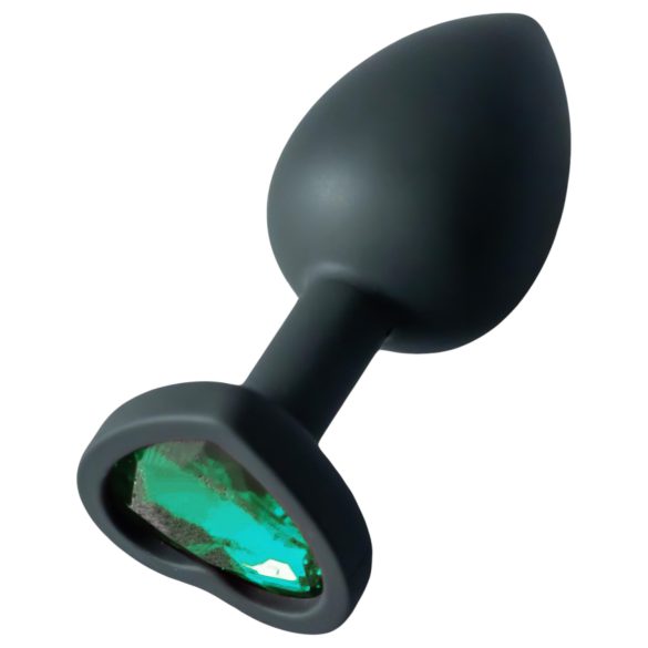 Sunfo - Silicone Heart Gem Anal Plug with Dark Green Stone (Black)