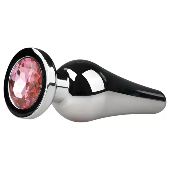 EasyToys Metal No.11 - silver anal plug with pink gem, cone-shaped (3.5 cm)