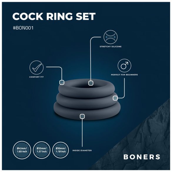 Boners - 3-Piece Penis Ring Set (Gray)