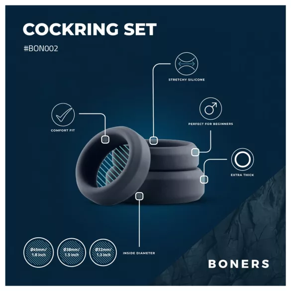 Boners - Silicone Cock Ring Set - 3 Pack (Gray)