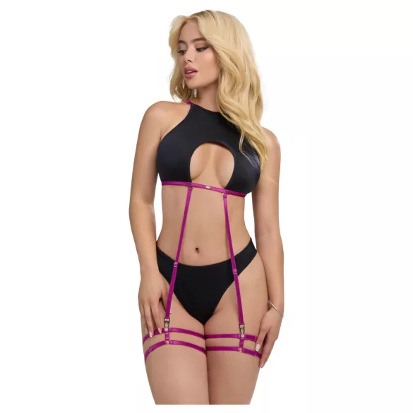 Zôf Zara - Cut-out Top and Thong with Suspender Straps (Black)